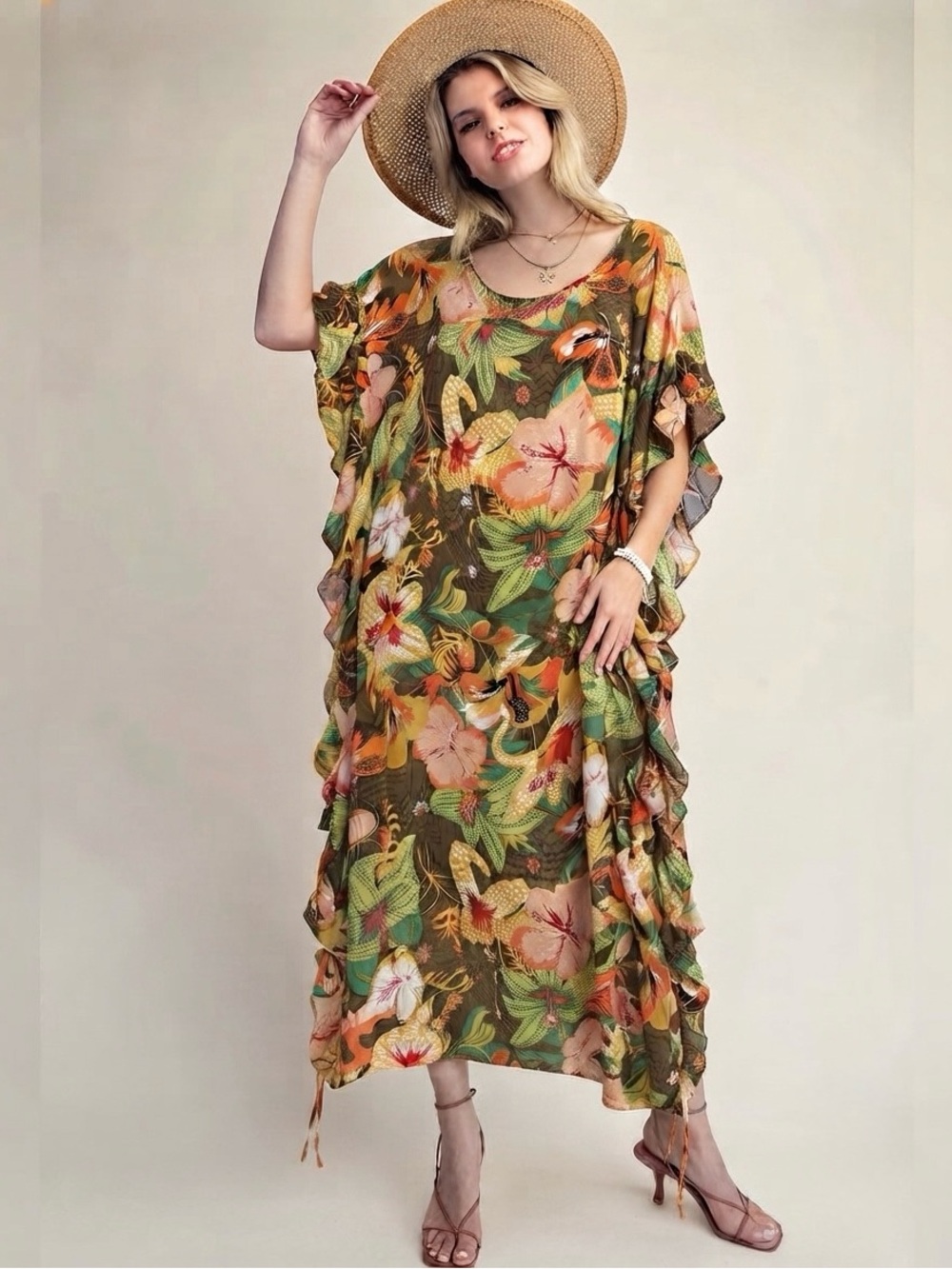 Easel Floral Tropical Print Kaftan Boho Dress Oversized NWT Size Med Fits to 3X